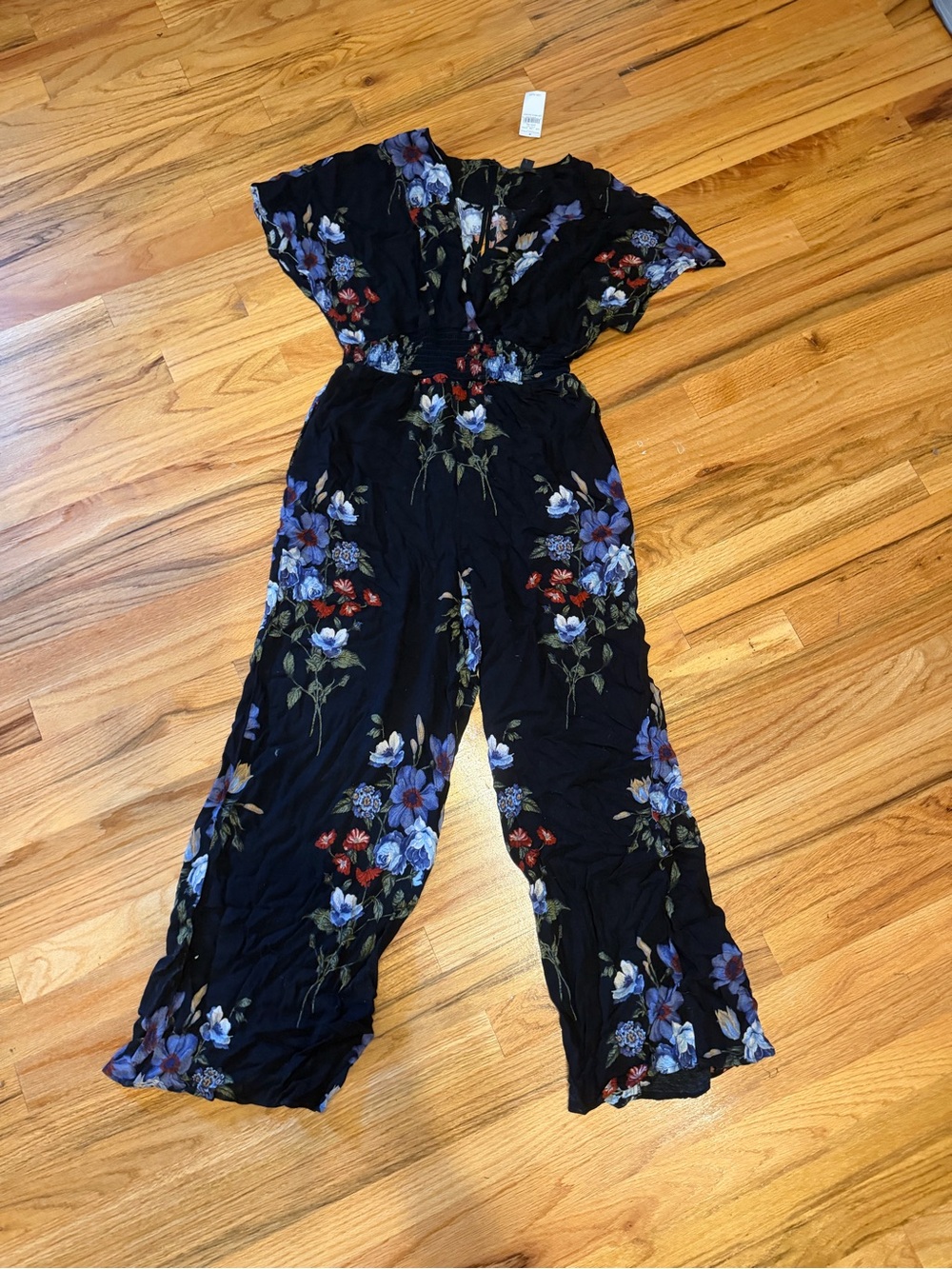 American Eagle Outfitters Black Floral Wide-Leg Jumpsuit